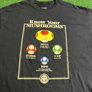 Super Mario Know Your Mushrooms Black T-Shirt Short Sleeve Mens Size 2XL